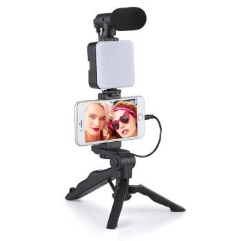 Tripod, mbajtës për telefon, mikrofon mini dhe dritë LED për Video Live 1
