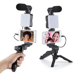 Tripod, mbajtës për telefon, mikrofon mini dhe dritë LED për Video Live 1