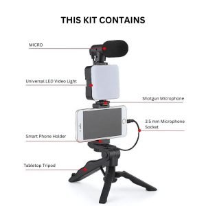 Tripod, mbajtës për telefon, mikrofon mini dhe dritë LED për Video Live 1