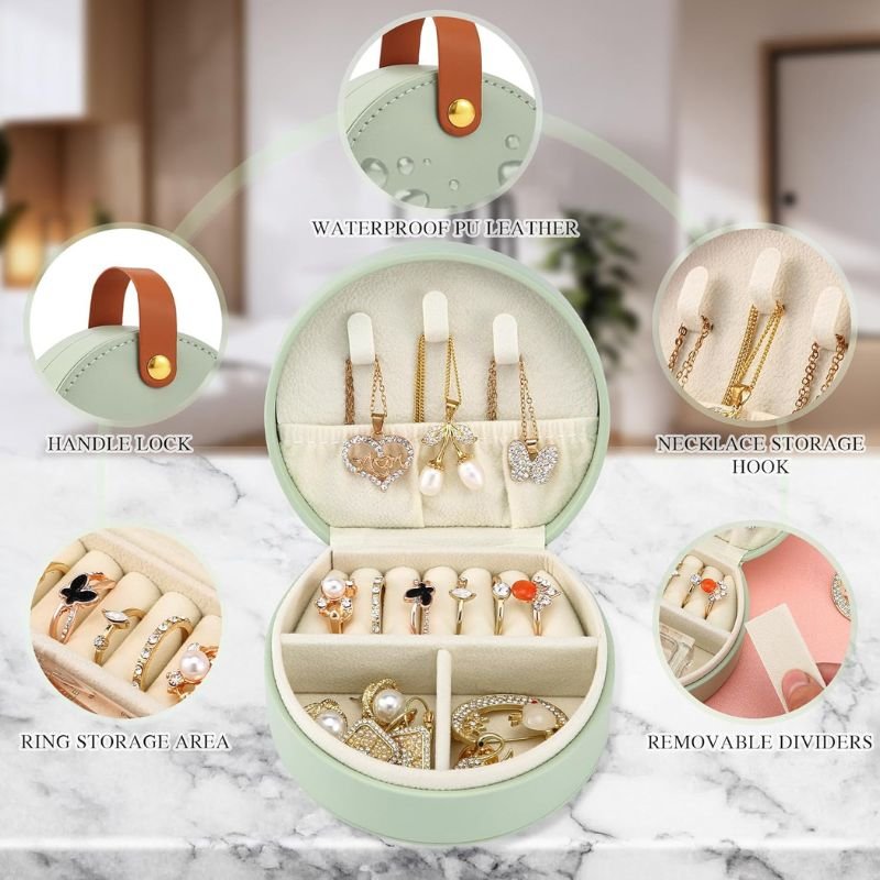 kuti-mini-bizhuterish-me-kadife Kuti rrethore për unaza, vathë dhe varëse me pamje luksoze