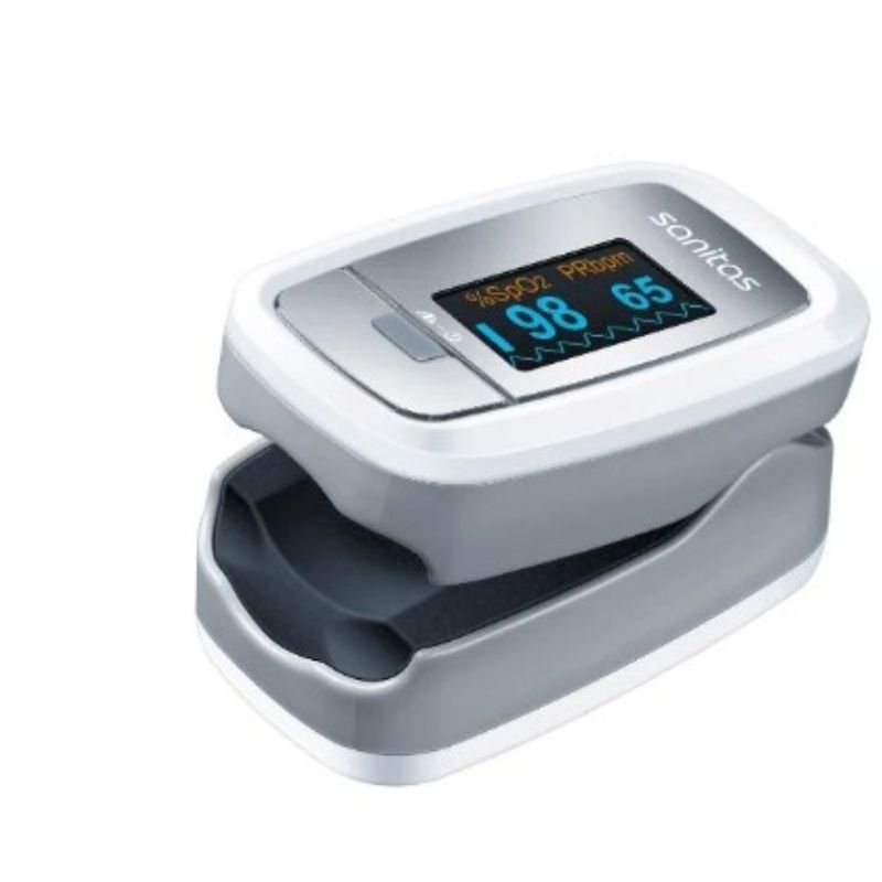 Pulsoksimeter dixhital per matjen e nivelit te oksigjenit ne gjak Pulsoksimetër Sanitas SPO 25 me ekran LED që tregon SpO2 98% dhe puls 65 bpm