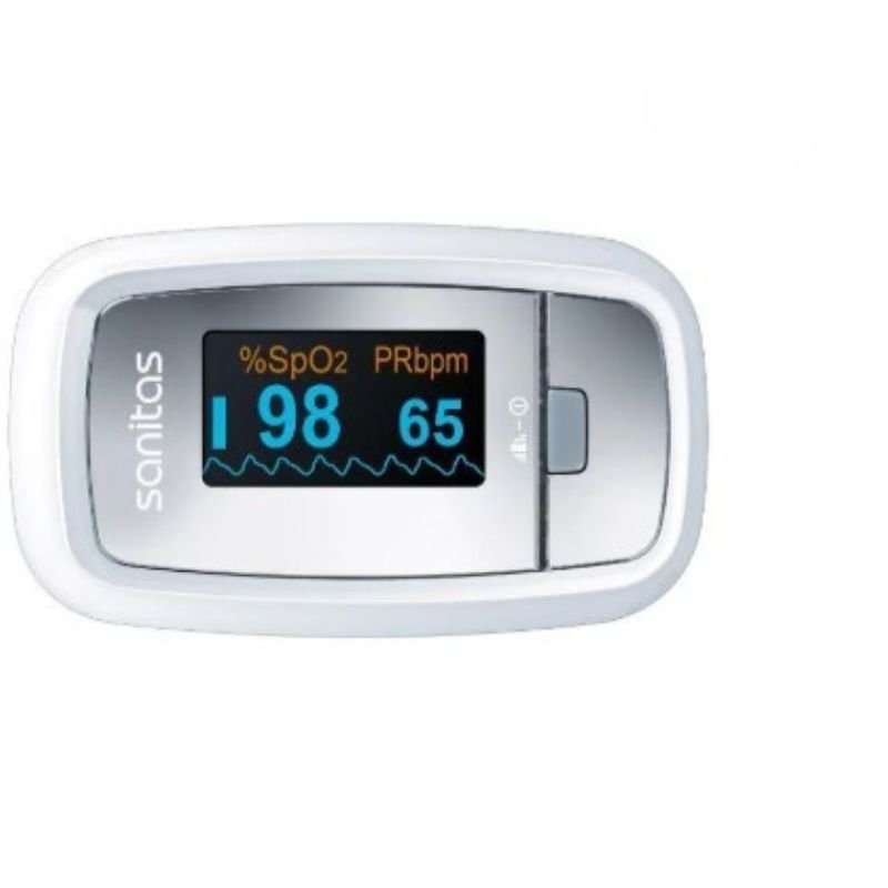 Pulsoksimeter per rrahjet e zemres Pulsoksimetër Sanitas SPO 25 për matjen e oksigjenit në gjak dhe pulsit, pamje anësore